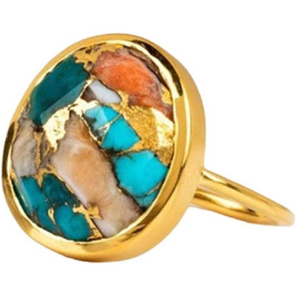 14k Gold Plated Vintage Turquoise Ring Handmade Boho Natural Stone Ring Retro Je